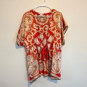 CAbi 100% Silk Red and Cream Paisley wrap tie Kimono